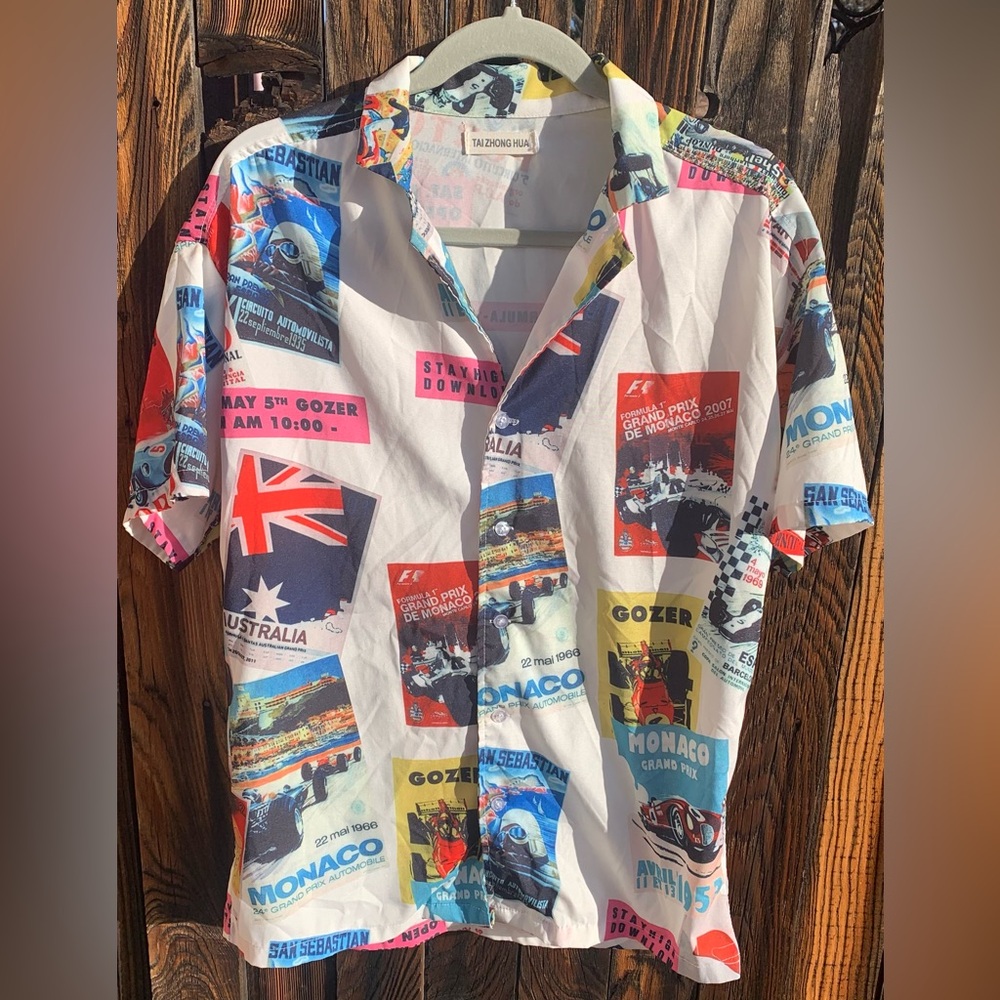 Retro style Tai Zhong Hua brand Hawaiian style shirt.  Formula 1 design print.